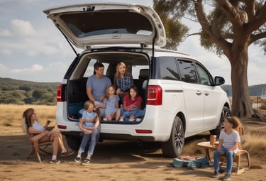A rugged SUV driving through a forest trail with sunlight filtering through trees.