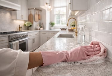 Deep cleaning service in Durham NC – professional cleaner scrubbing luxury kitchen quartz countertop