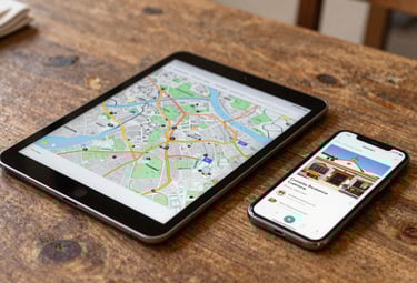 A tablet and a smartphone on a rustic table showing a map and a website for a gourmet store. Mediterranean / Spanish / Andalusian setting with warm natural light.