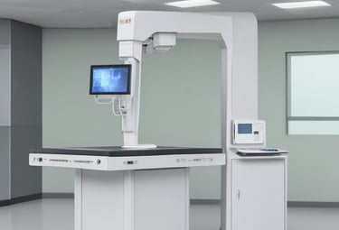 A set of ophthalmic diagnostic equipment, including an autorefractor and a slit lamp, arranged in a medical examination room with a beige backdrop. The machines are white with various dials and functional parts visible.