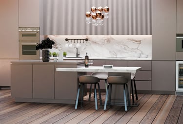 A 3D image of a modern kitchen scene we created for an architectural firm client