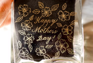 Hand engraved glass for Mothers' day by NYC engraver Handwritten by Belle.
