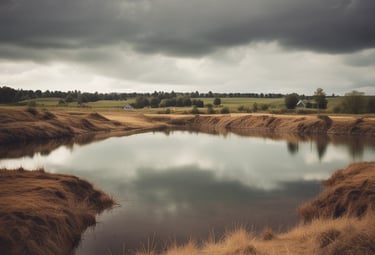 A large industrial excavator is positioned on a floating platform on a body of water. The excavator has a long articulated arm with a claw-like bucket, and a cabin for the operator. The platform appears to be a barge, indicating use for dredging or construction in aquatic environments. The sky is overcast, casting a muted light over the scene.