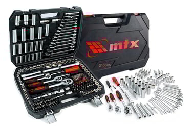 Kit Jogo De Soquete Chave Catraca 1/4 3/8 E 1/2 Pol. MTX Combinada Allen Maleta 216 Peças Aço Cr-v 1