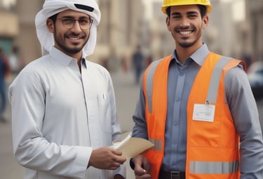 A person wearing a bright red industrial jacket with reflective stripes and a white safety helmet. They are holding a book titled 'Occupational Safety and Health Act' against a plain blue background. The person is smiling and the jacket has a logo on the chest.