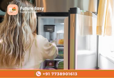 Woman opening a refrigerator, Future Easy repair services.