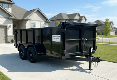 Black hydraulic dump trailer for junk removal and debris hauling parked on a residential driveway.