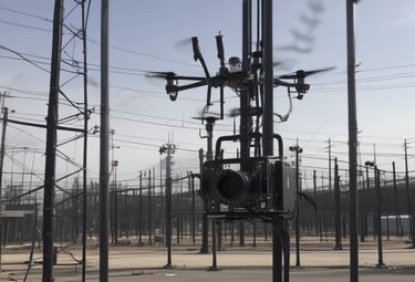 Thermal imaging from drone showing hotspots on electrical equipment at dusk.