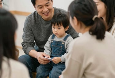 Volunteers and families gathered in a church hall sharing smiles and support.