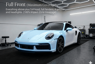 A professional demonstration of the Full Front PPF package on a white Porsche 911 at Bluemax Tint. 