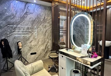 a chair with a mirror and a mirror in a room