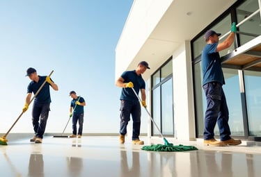 Des agents d'entretiens entrent de faire le nettoyage de fin de chantier  d'un villa