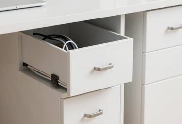 Executive desk showcasing built-in storage compartments and cable management.