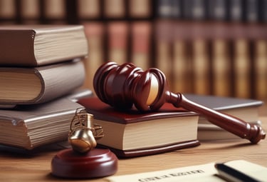 A courtroom with rich wooden paneling and a red curtain behind the judge's bench. The room features a central podium with a computer monitor, pale green carpet, and framed artwork on the wall. It is illuminated by overhead lighting, creating a formal and orderly atmosphere.