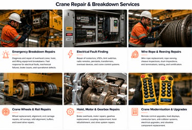 collag picture of crane repairs including electrical fault finding, wire rope replacement