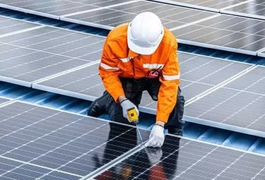 Professional technician in high-visibility gear installing solar panels on a rooftop.
