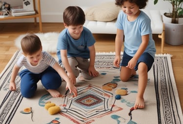 A minimalist composition featuring eco-friendly cleaning products arranged on a textured beige fabric. There's a bottle with a pump dispenser, a small packet, and two paper bags with lavender and mint green labels. The background is softly lit, creating a calm atmosphere.