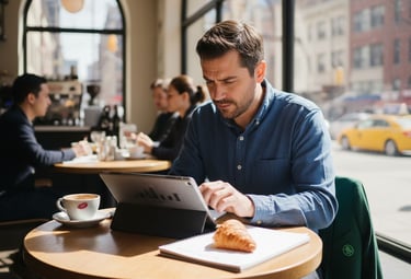 Small business owner plans social media in café