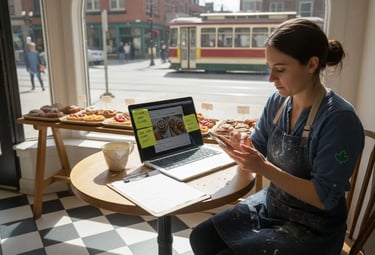 Bakery owner posting on smartphone in shop