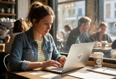 Retail owner checking branding on laptop