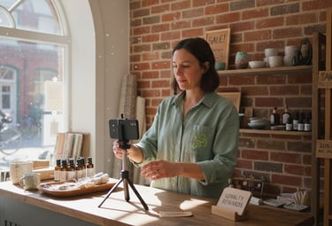 Business owner filming video in shop