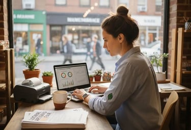 Shop owner reviewing digital ads at desk