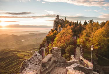 Sunset view from Passo delle Streghe, overlooking the hills from San Marino’s mountaintop
