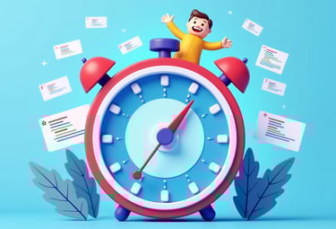a man sitting on top of a clock with many papers and papers