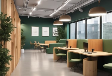 A modern coworking space with a stylish and open layout. The room features a long bar-style table with high black chairs, pendant lighting, and a glass partition on one side. Two people are seated at a round table in the center, engaged in discussion, and using laptops. The room is decorated with plants, shelves, and a large green abstract mural on the wall.