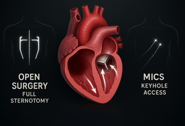 an image showing Comparison of open-heart surgery vs MICS for aortic valve replacement
