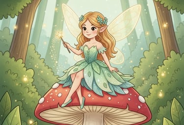Fairy Lila sitting on the mushroom.