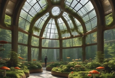 An eco-friendly production area with plants and technology.