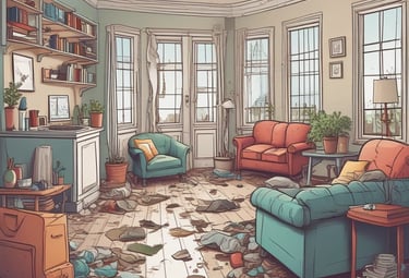 A person wearing a blue uniform and gloves is pushing a cleaning cart adorned with multiple small Union Jack flags. The environment appears to be a busy place, possibly a station or airport, with people in the background walking or standing.