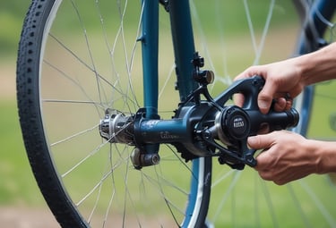 A person wearing a beanie and glasses works on a bicycle wheel, surrounded by an organized display of tools hanging on a pegboard. The person is using a spray bottle, likely for cleaning or lubricating the wheel.