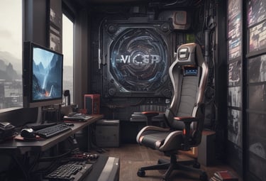 A cluttered workshop space filled with various car license plates, signs, and vintage posters. A red classic car painted on the wall has a pin-up model sitting on it. A ladder is placed in the middle of the space, surrounded by tools and mechanical parts. A banner in the foreground advertises auto and radiator repair services, listing contact numbers. The overall atmosphere suggests automotive workshop or restoration.