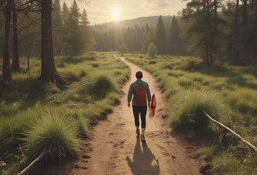 a man walking down a dirt road with a kite