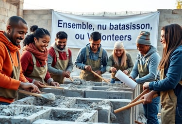 un groupe de personnes debout autour d'une table avec un seau rempli de blocs de ciment