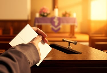 une personne tenant un morceau de papier devant une église
