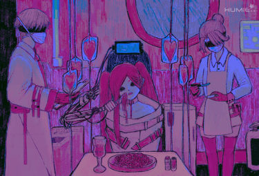 Meal in a lab, the prisoner is fed by a robot arm and supervised by the two doctors. Pink and blue.