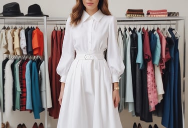 A well-lit clothing store featuring a variety of women's clothing items and accessories displayed on racks and shelves. The shelves include bags, mannequins with tops, and neatly hung dresses. A woman wearing a beige coat with red pants is browsing through the store.