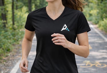 a woman running on a path in a wooded area ascentierra performance t-shirt