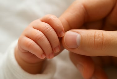a baby's hands wrapped around the mother's finger