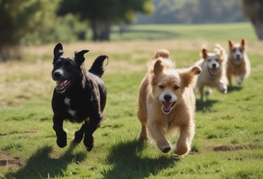 A large backpack with camping gear sits on a rocky landscape at dusk, with a German Shepherd dog sitting beside it. In the background, a mountain range under a clear sky creates a serene, natural setting.