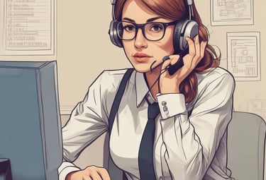 a woman in a tie and headphones is sitting at a desk