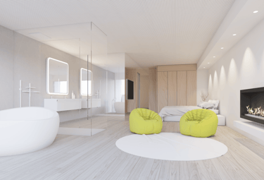 reforma de baño blanco dormitorio con chimenea