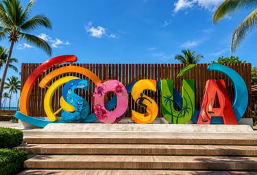 Colorful Sosua sign in Dominican Republic with tropical beach art, palm trees, and blue sky.