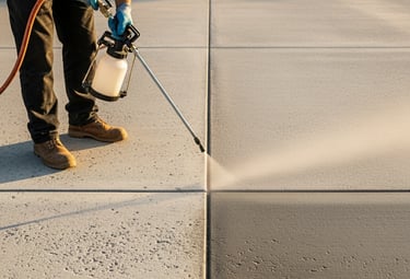 a man is spraying a concrete sealing on the concrete floor with a spray gun