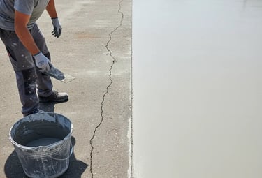a man is putting a resurfacing treatment on  a concrete slab in a driveway