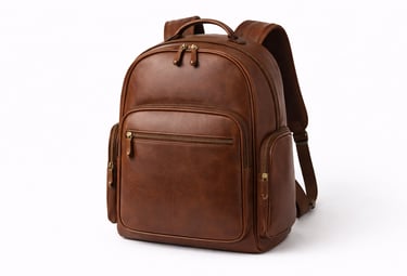 Brown leather backpack with multiple compartments and front zip pocket