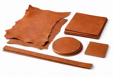 Leather pieces in sheets, panels, and custom cuts.